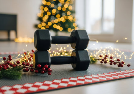 Two black dumbbells on the floor near the Christmas tree.の写真素材