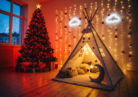 Interior of a living room with a wigwam and a Christmas tree