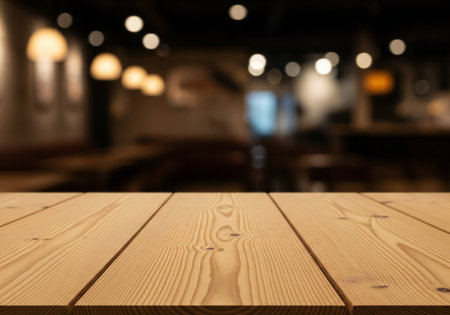Selected focus empty brown wooden table and Coffee shop blur background with bokeh image. for your photomontage or product displayの写真素材
