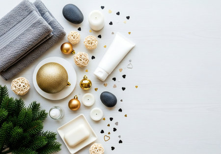Spa composition. Cosmetics, towels, candles and Christmas decorations on white wooden background. Flat lay, top view, copy spaceの写真素材