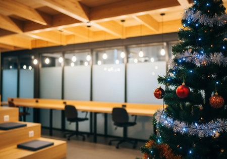Interior of a modern office with a beautiful decorated Christmas tree.の写真素材