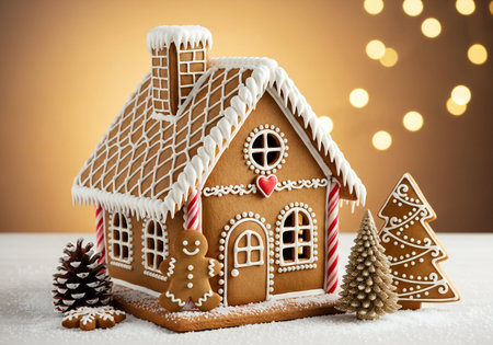 Gingerbread house with christmas tree, snow and lights on background