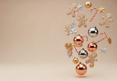 Christmas baubles and gingerbread cookies. 3D rendering.の写真素材