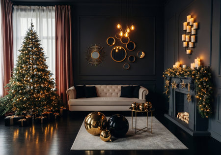 Christmas tree with gold ornaments in the living room. 3d rendering.の写真素材