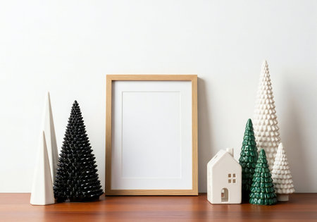 Mock up blank frame with Christmas tree and toy house on wooden tableの写真素材