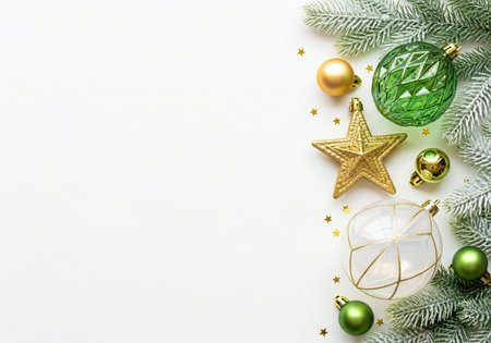 Christmas decoration on white background. Top view with copy space. Flat lay.の写真素材