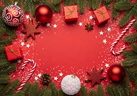 Christmas background with decorations and gift boxes on red background. Top view with copy space