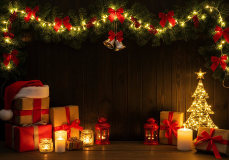 Christmas background with Christmas tree, gifts and decorations on dark wooden backgroundの写真素材