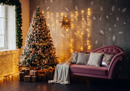 Christmas tree in the interior of the room with a sofa and giftsの写真素材