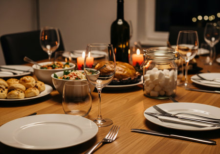 Festive table setting with cutlery and wine glasses at homeの写真素材