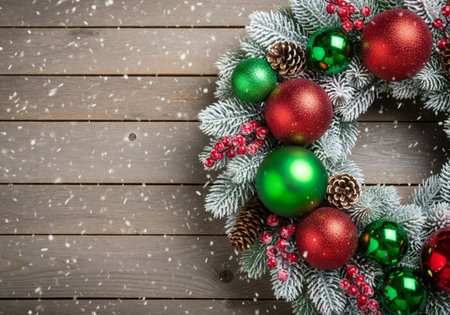 Christmas decoration on wooden background. Top view with copy space. Flat layの写真素材