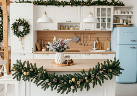 Christmas and New Year decorated kitchen with a Christmas tree, pine cones, spruce branchesの写真素材