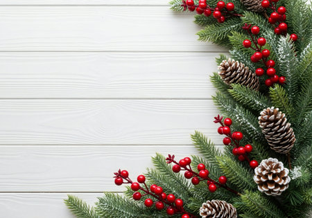 Christmas fir tree branches with red berries and cones on white wooden backgroundの写真素材