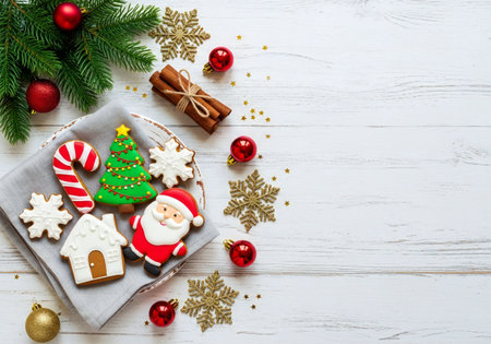 Christmas gingerbread cookies on white wooden background. Top view with copy space