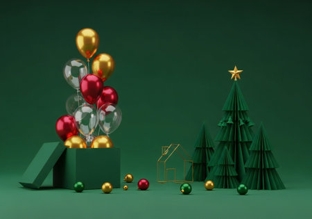 Christmas tree with balloons and gift box on green background. 3d renderの写真素材