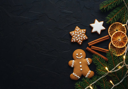 Gingerbread cookies, cinnamon sticks, dried oranges and fir branches on black background. Top view...