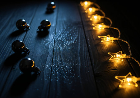 Christmas lights on dark wooden background. Christmas and New Year concept.