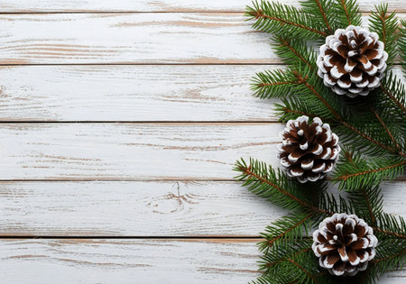 Christmas fir tree branches with cones on white wooden background. Top view with copy spaceの写真素材