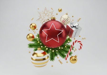 Christmas and New Year background with red christmas ball and gift box. 3d renderingの写真素材
