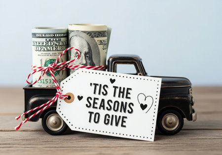 Dollars and car with tag with text It's the season to give
