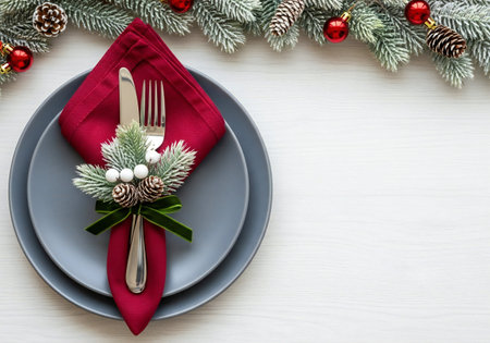 Christmas table setting with fir tree branch and decorations on white wooden backgroundの写真素材