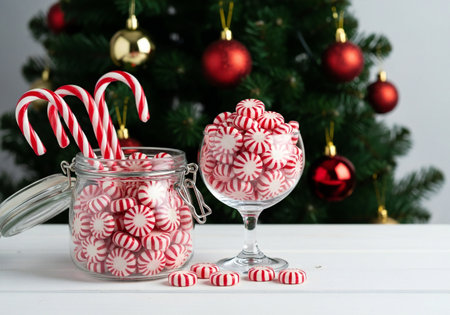 Candy canes in glass jar and christmas tree on background