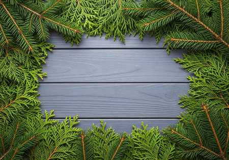 Christmas fir tree branches on blue wooden planks. Top view with copy space