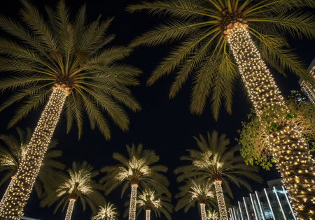 Palm trees in the city at night, Dubai, United Arab Emiratesの写真素材
