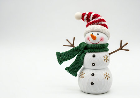 Snowman with scarf and hat isolated on white background. Christmas decoration.の写真素材