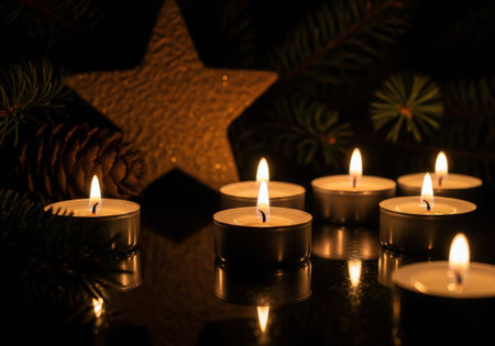 Christmas candles with fir branches and star on a black background. Selective focus.の写真素材
