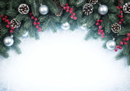 Christmas background with fir tree branches and decorations on white. Copy space.の写真素材