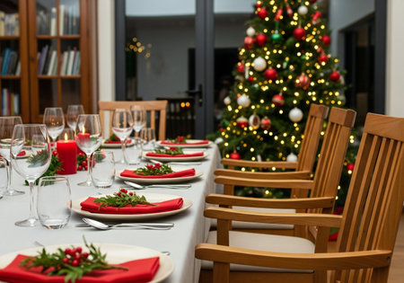 Christmas table setting with christmas tree in the background, shallow dof