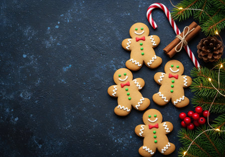 Christmas gingerbread cookies on dark background. Top view with copy space