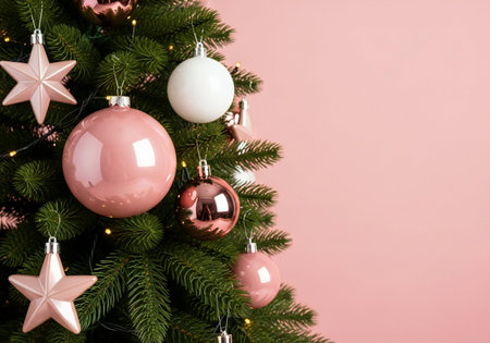 Decorated Christmas tree on color background, closeup. Space for textの写真素材