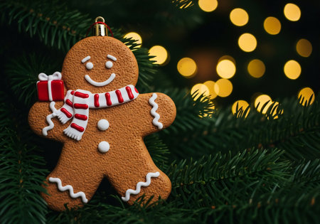 Gingerbread man on the background of a Christmas tree with lights