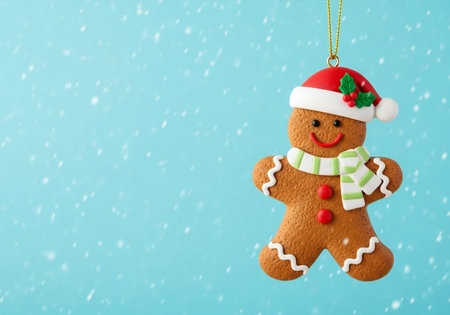 Gingerbread man in santa hat and scarf on blue background