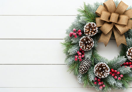 Christmas wreath on white wooden background. Top view with copy spaceの写真素材