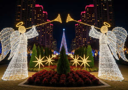 Christmas tree and angel in the park at night in Shanghai, Chinaの写真素材