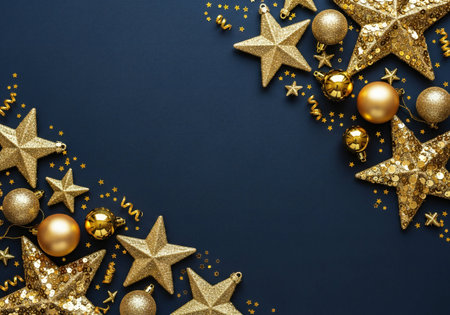 Christmas background with golden stars and baubles. Top view with copy space.の写真素材