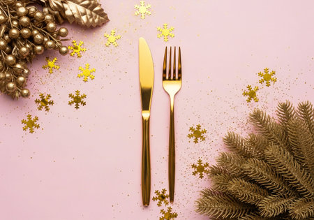 Christmas table setting with golden cutlery on pink background. Top view
