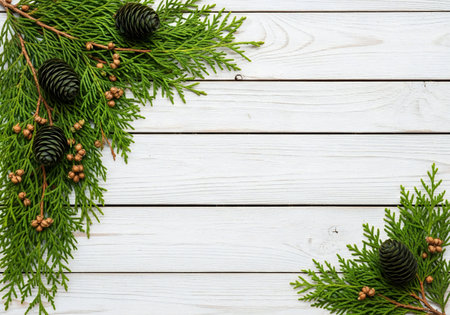Christmas background with fir branches and pine cones on white wooden background.