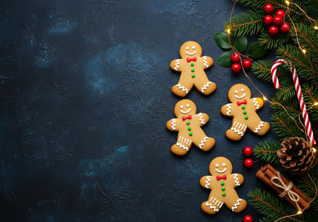 Christmas greeting card with gingerbread man on dark background. Top view with space for your...