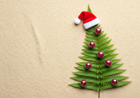 Christmas tree on sand background with copy space. Top view, flat layの写真素材