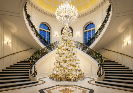 Christmas tree in the interior of a luxury hotel. New Year.の写真素材