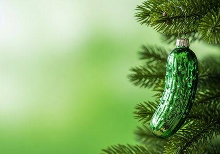 Green glass christmas ball on christmas tree branch with copy spaceの写真素材