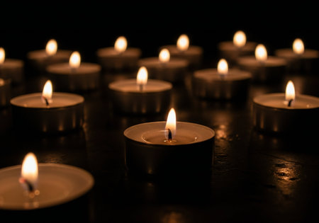 Candles burning in the dark, close-up, selective focusの写真素材
