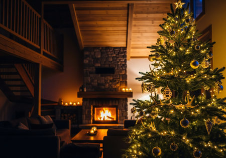 Christmas tree and fireplace in the interior of the house. New Yearの写真素材