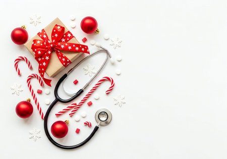 Christmas background with gift box and stethoscope on white. Top view with copy spaceの写真素材