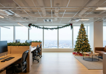 Interior of a modern office with christmas tree and city viewの写真素材