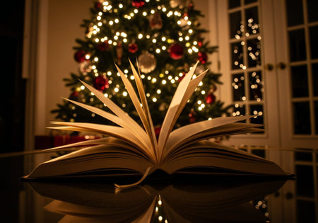 Open book on the background of a Christmas tree with a garlandの写真素材